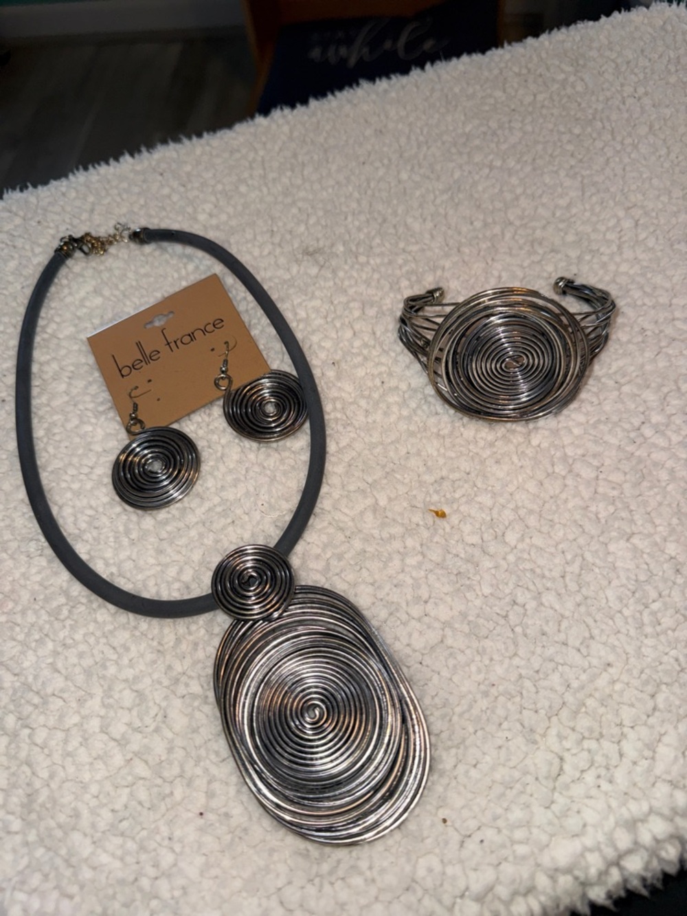 Belle France Silver Spiral Pendant Necklace with Matching Earrings and Cuff